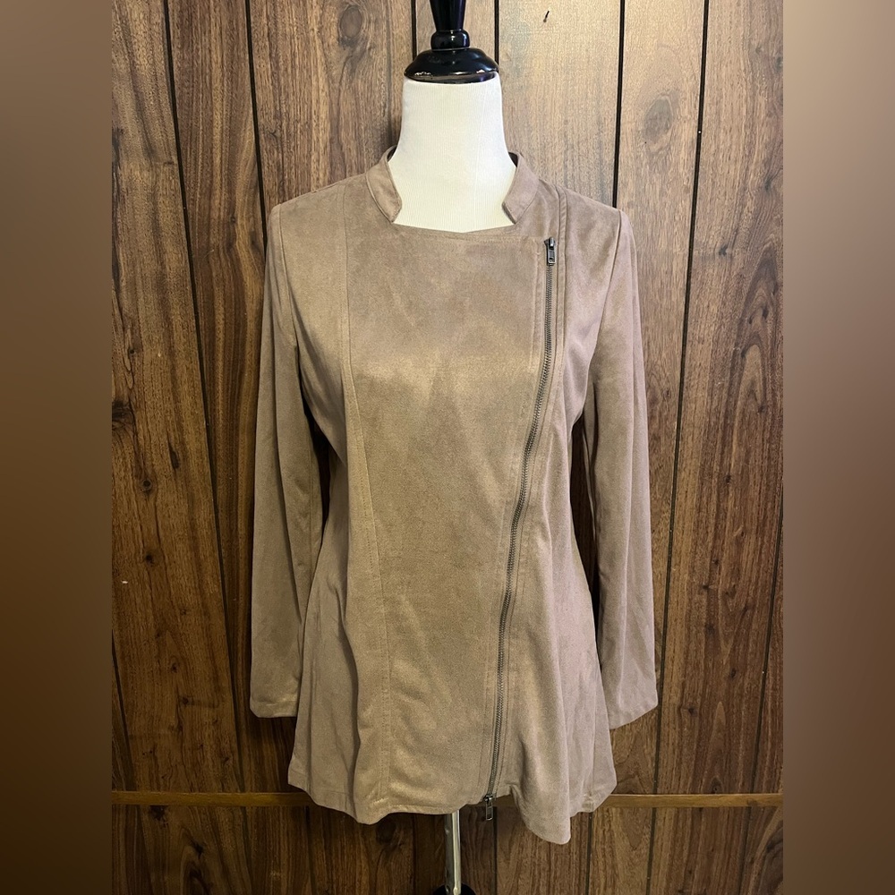 Sweet Jane Tan Faux Suede Assymetrical Full Zip Closure Light Jacket Sz S